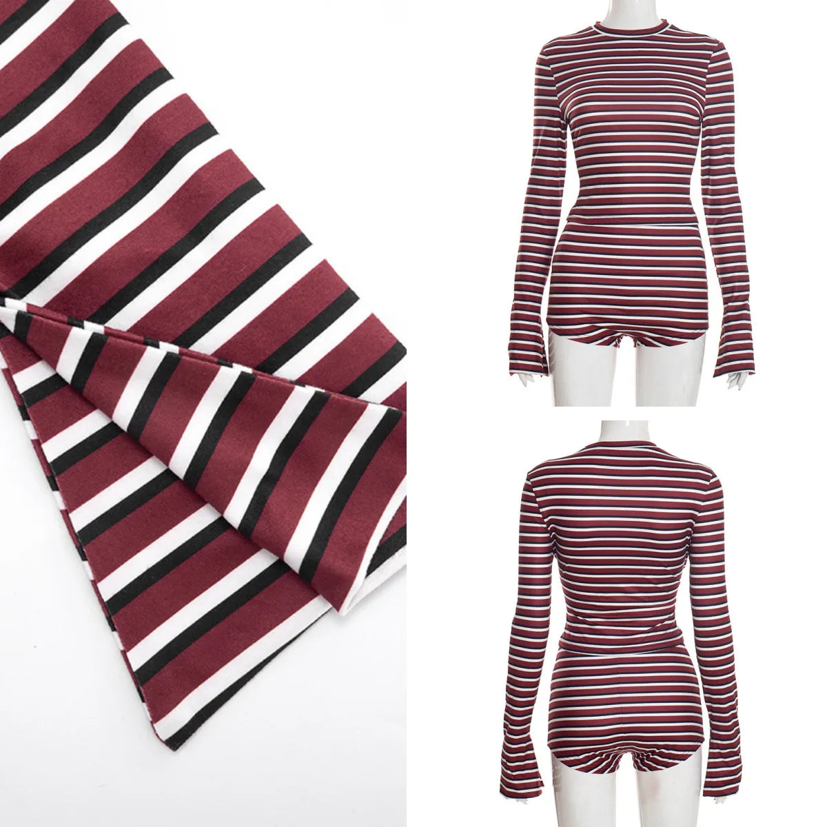 Dopasowane Body w Paski z Szortami – Komplet Casual